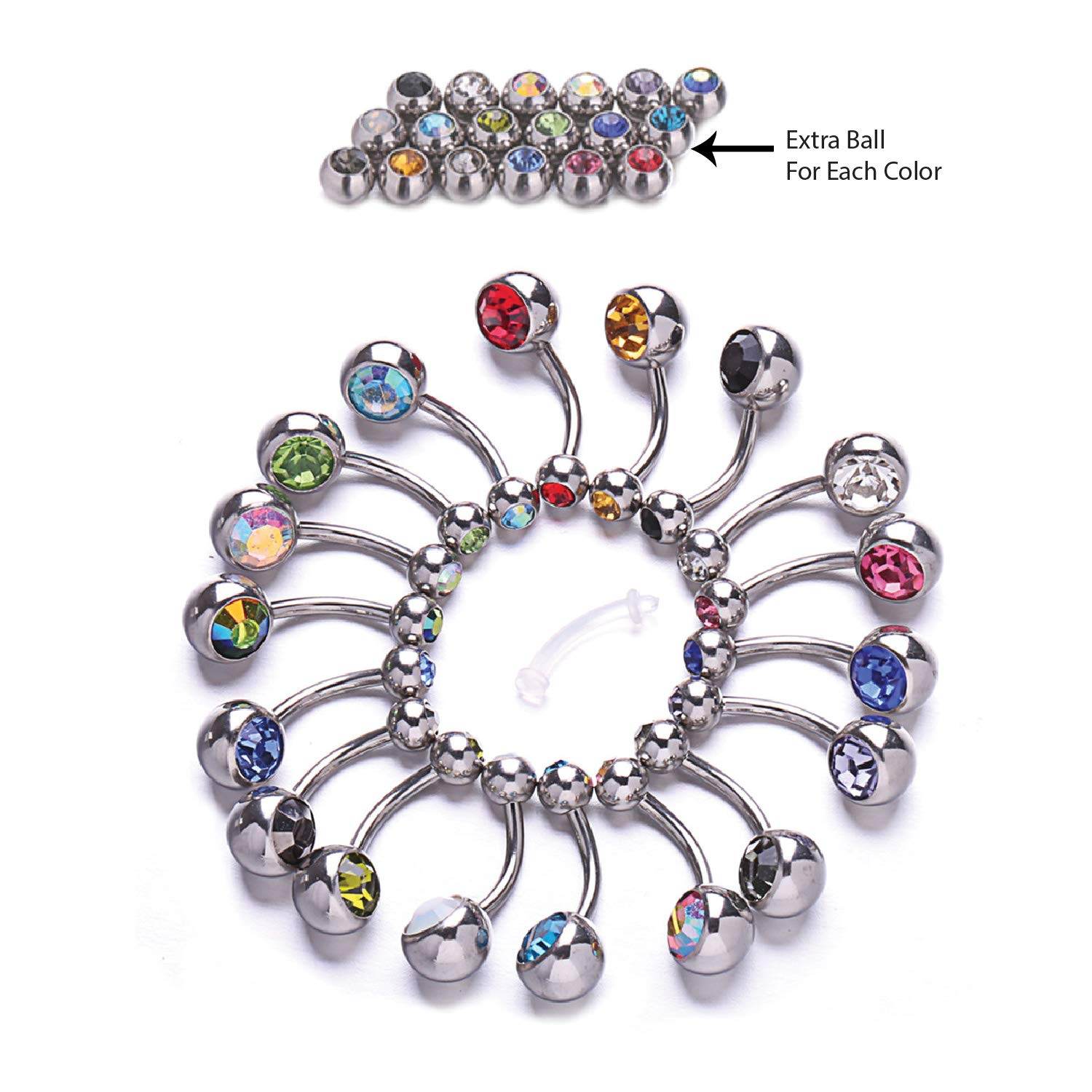 BodyJ4You 18PC Belly Button Rings Set - 14G Multicolor Surgical Stainless Steel - Shiny CZ Crystals Clear Pink Aqua Black - Replacement Extra Pack - Women Girls Body Piercing Jewelry