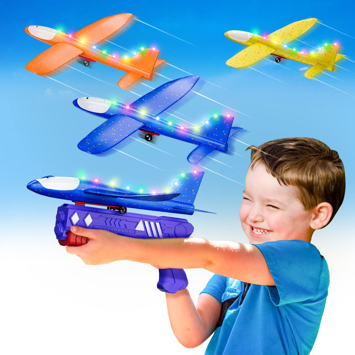 3 Pack Airplane Toy with Launcher, Kids Toys for 3 4 5 6 7 8 9 10 11 12 Year Old Boy Girl Birthday Gift, 12.6inch 2 Flight Modes Toddler LED Foam Glider Plane for Outdoor Games Activities Party Favors