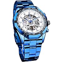 FORSINING Men's Watch Self-Winding Skeleton Hollow Mechanical Automatic Luxury Watches, Blue Black Stainless Steel Band Waterproof Wrist Watch