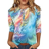 QWKLEAJ Womens Tunic Tops 3/4 Sleeve Summer Crew Neck Tshirts Flower Printing Loose Casual Blouses Fashion 2024