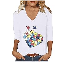 Womens Autism Awareness Shirts Funny Love Heart Autism Puzzle Graphic Tees 3/4 Sleeve Autism Mom Gift T-Shirt