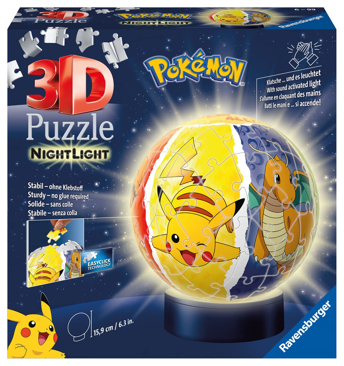 Ravensburger - Illuminated 3D Ball Puzzle - Pokémon - Ages 6+ - 72 numbered pieces to assemble without glue - Light base included - 11547