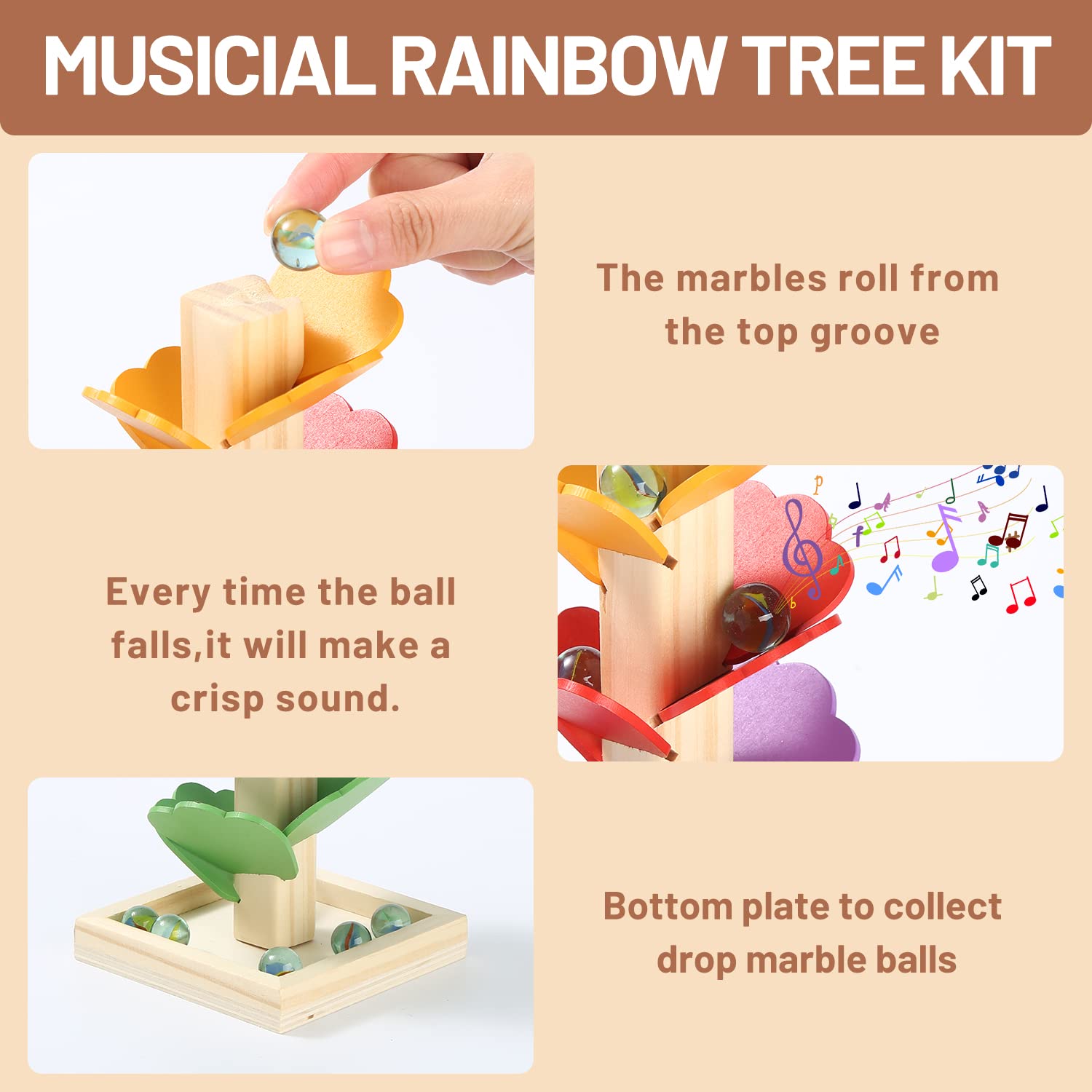 Wooden Music Tree Toy for Kids, Wood Marble Run Marble Track Game for Toddlers, Ball Drop Toy Ball Tower Montessori Educational Toy Boy Girl Valentines Gifts, Race and Chase Rainbow Musical Tree Kit