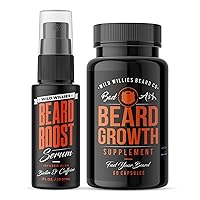 Beard Growth Serum & Vitamins Supplement Set - Natural Beard Care with Biotin & Caffeine for Thicker & Healthier Beard - Growth Pills with Biositol Complex & 19 Hair Grooming Nutrients