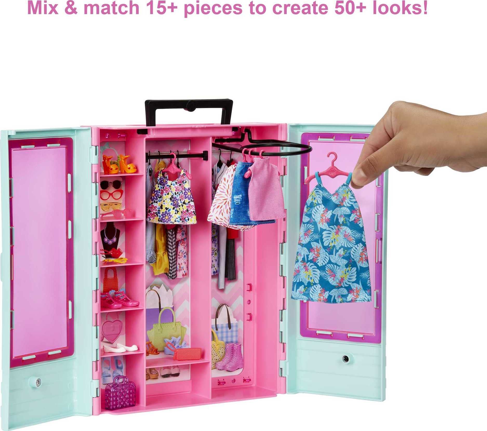 Barbie Closet Playset with 3 Outfits, Styling Accessories and Hangers, Mix-And-Match Barbie Clothes for 50+ Looks (Amazon Exclusive)