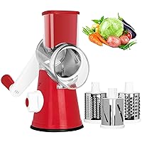 Rotary Cheese Grater Kitchen Mandoline Vegetables Slicer Cheese Shredder with Rubber Suction Base, 3 Stainless Drum Blades Included, Easy to Use and Clean,Red