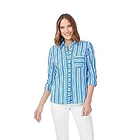 Foxcroft Women's Hampton Long Sleeve with Roll Tab Beach Stripe Shirt