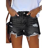 Pink Queen Women's High Waisted Denim Shorts Casual Ripped Summer Hot Short Jeans Frayed Distressed Jeans Shorts with Pockets