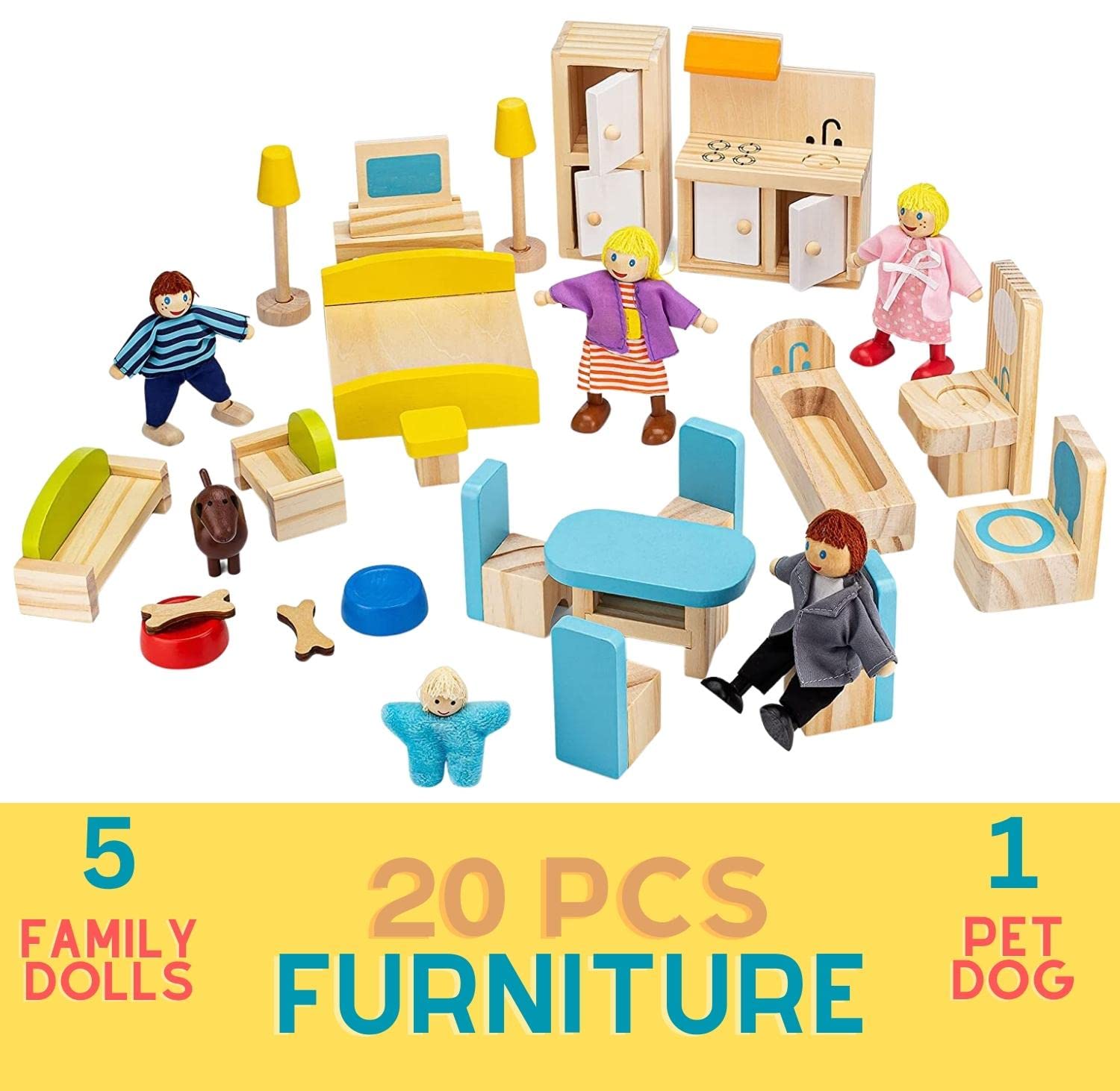 PIDOKO KIDS Skylar Wooden Dollhouse - Includes 20 Pcs Furniture Accessories, 5 Family Dolls and a Pet Dog - Wood Doll House for 3 4-5 Year Old Girls & Boys