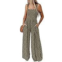 Dokotoo Women's Casual Loose Overalls Jumpsuits One Piece Sleeveless Printed Wide Leg Long Pant Rompers With Pockets