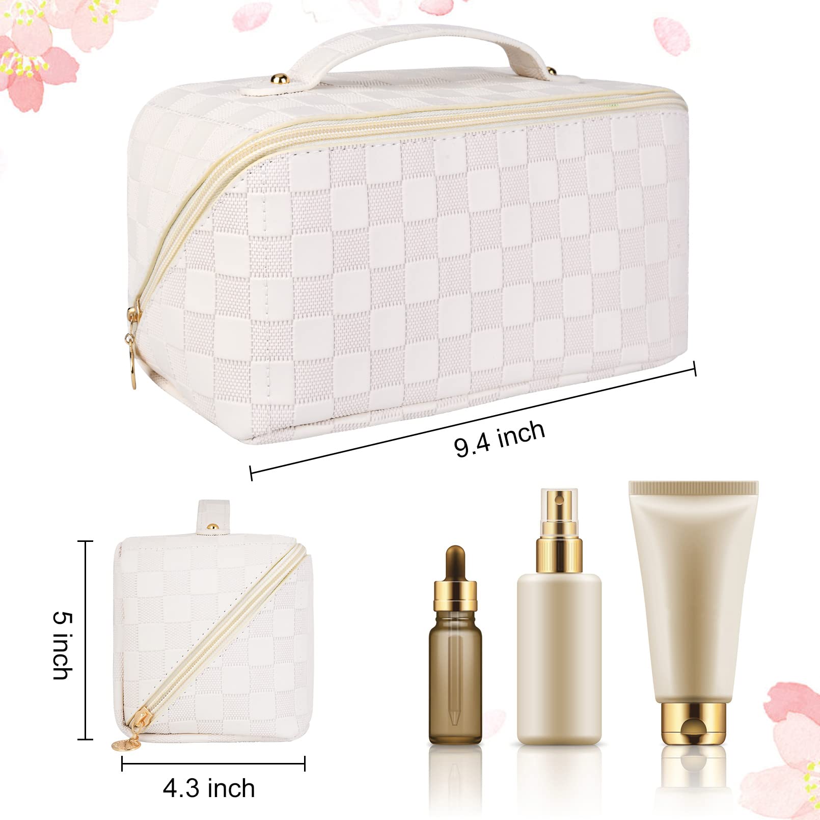 Travel Makeup Bag for Women Large Capacity Cosmetic Bag Waterproof White Checkered Portable PU Leather Toiletry Bag Organizer Makeup Brushes Storage Bag with Dividers and Handle