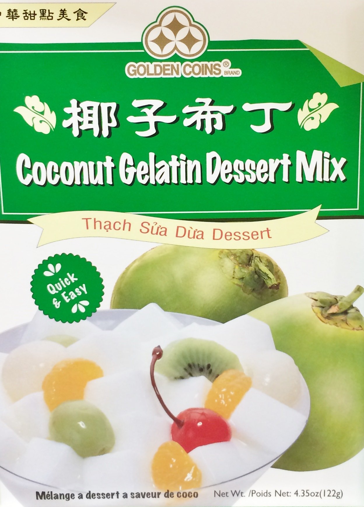 1 x 4.35oz Golden Coins Coconut Gelatin Oriental Dessert Mix. Just Add Water. Product of USA.