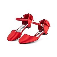 Coutgo Girls Dress Shoes Low Heel Mary Jane Bow Heels Princess Flower Wedding Party Pumps
