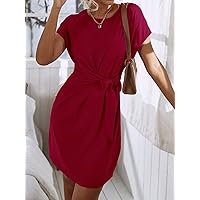 Dresses for Women - Knot Side Solid Batwing Sleeve Dress (Color : Rose Red, Size : Large)