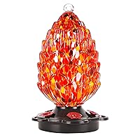 LUJII Pine Cone Shaped Hand Blown Glass Hummingbird Feeder for Outdoors Hanging, Rust Proof & Leak Proof, 25 fl.oz, Unique Gift for Bird Lover, Garden & Backyard Decor, Red