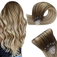Easyouth Balayage Micro Loop Hair Extensions Human Hair Microbeads Hair Extensions Ombre Darker Brown Fading to Light Brown Mixed Blonde Micro Links Hair Extensions Real Human Hair 18 inch 50g 1g/S