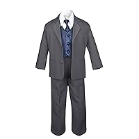 7pc Formal Boys Dark Gray Suits Extra Navy Blue Vest Necktie Sets S-20 (14)