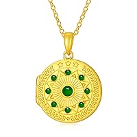 SOULMEET Personalized Solid 10K 14K 18K Gold Round Emerald Locket Necklace That Holds Pictures Custom Natural Gemstone Locket Pendant Necklace Gift for Wome Men