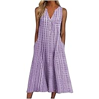 Prime of Day Sales Women Summer Dress with Pocket Sleeveless Midi Dress Casual V Neck Button Sundress Striped Print Mid Calf Dresses Summer T Shirts for Women Purple