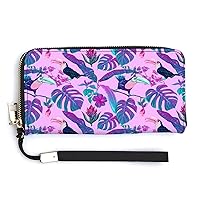 Tropical Monstera and Toucan Women’s Wallet Zippered Long Clutch Purse Leather Handbag with Wristlet Strap
