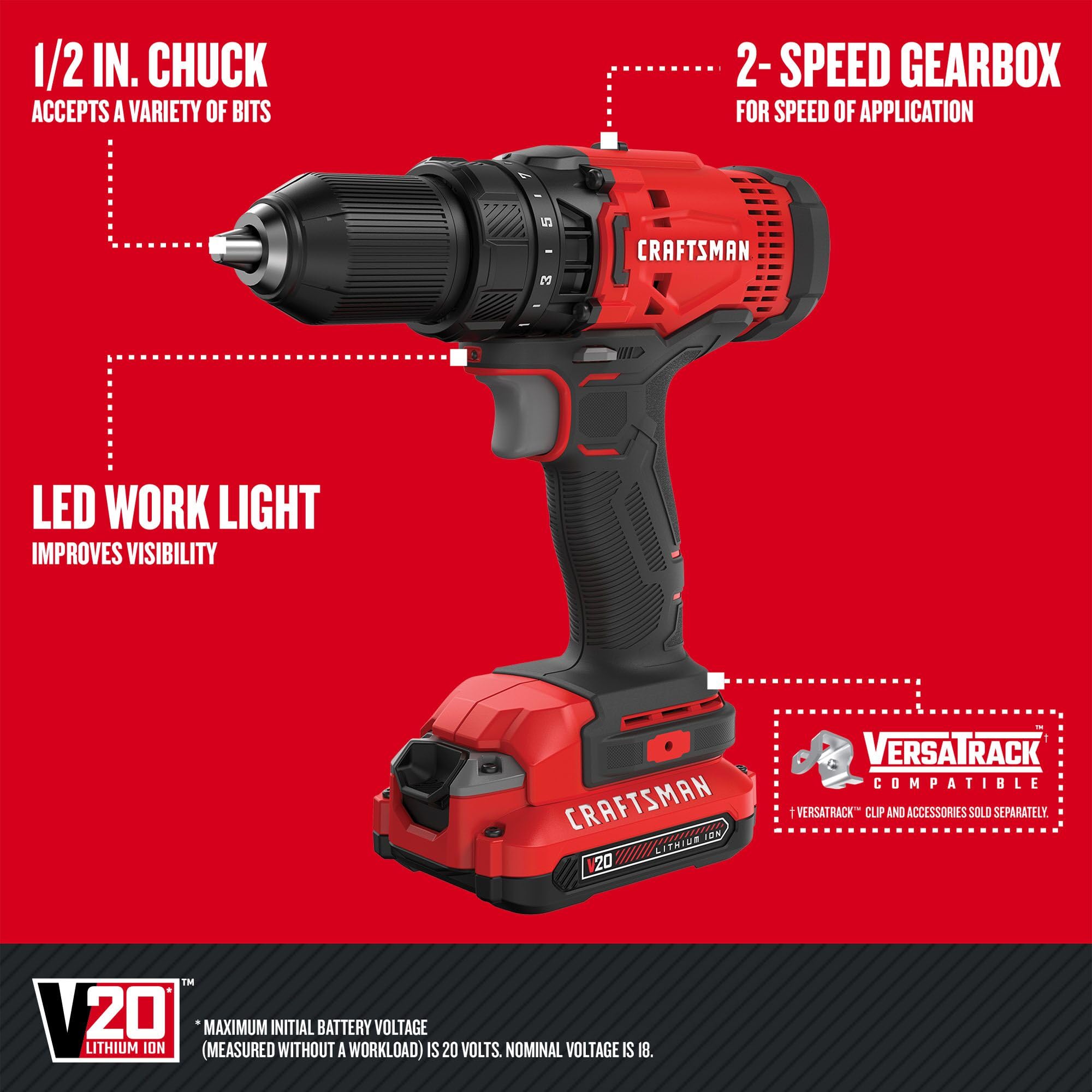 CRAFTSMAN V20 MAX Cordless Drill and Impact Driver, Power Tool Combo Kit with 2 Batteries and Charger (CMCK200C2AM),Black/Red