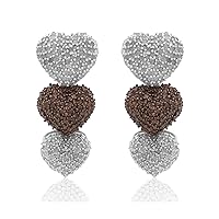 2.00 Cttw Round Cut White & Brown Natural Diamond Three Heart Drop Earrings in Sterling Silver