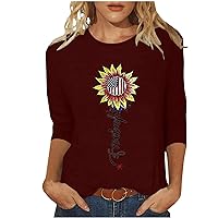 Deal of The Day Today Women's 4th of July Tops Trendy Graphic 3/4 Sleeve Shirts Casual Loose Round Neck Blouse Ladies Plus Size Tshirt Wine