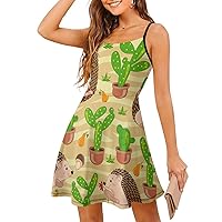 Hedgehog Cactus Women's Sling Dress Spaghetti Strap Mini Dress Sleeveless Short Dresses Casual Swing Sundress