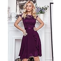 Women's Dress Solid Ruffle Trim Lace Dress (Color : Purple, Size : Medium)