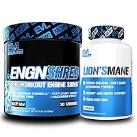 Evlution Pre Workout Powder and Capsules Stack Nutrition ENGN Shred Thermogenic Fat Burner Preworkout Powder Drink Plus Lion’s Mane Mushroom Supplement for Long Lasting Energy Focus and Stamina