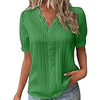 Mother's Day Women Summer Lace V Neck Plain Elegant Shirt Fashion Solid Color Blouse Short Sleeve Comfy Soft Tee Top