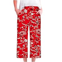 Vintage Loungewear Capri Pants Women Ethnic Floral Print Cropped Pants Elastic High Waist Baggy Trouser with Pockets