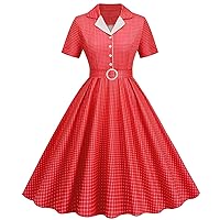 Women 1950s Vintage Short Sleeve Peter Pan Collar Retro Swing A Line Midi Dress Cocktail Party Evening Prom Gown