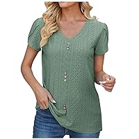 2024 Fashion Clearance Women's Summer T-Shirt Eyelet Petal Sleeve Dressy Casual Tops Loose Fit V Neck Shirts Trendy Classy Tunic Blouses Blouses for Women