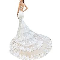 Sexy V Neck Spaghetti Straps Long Train White Lace Mermaid Beach Wedding Dress
