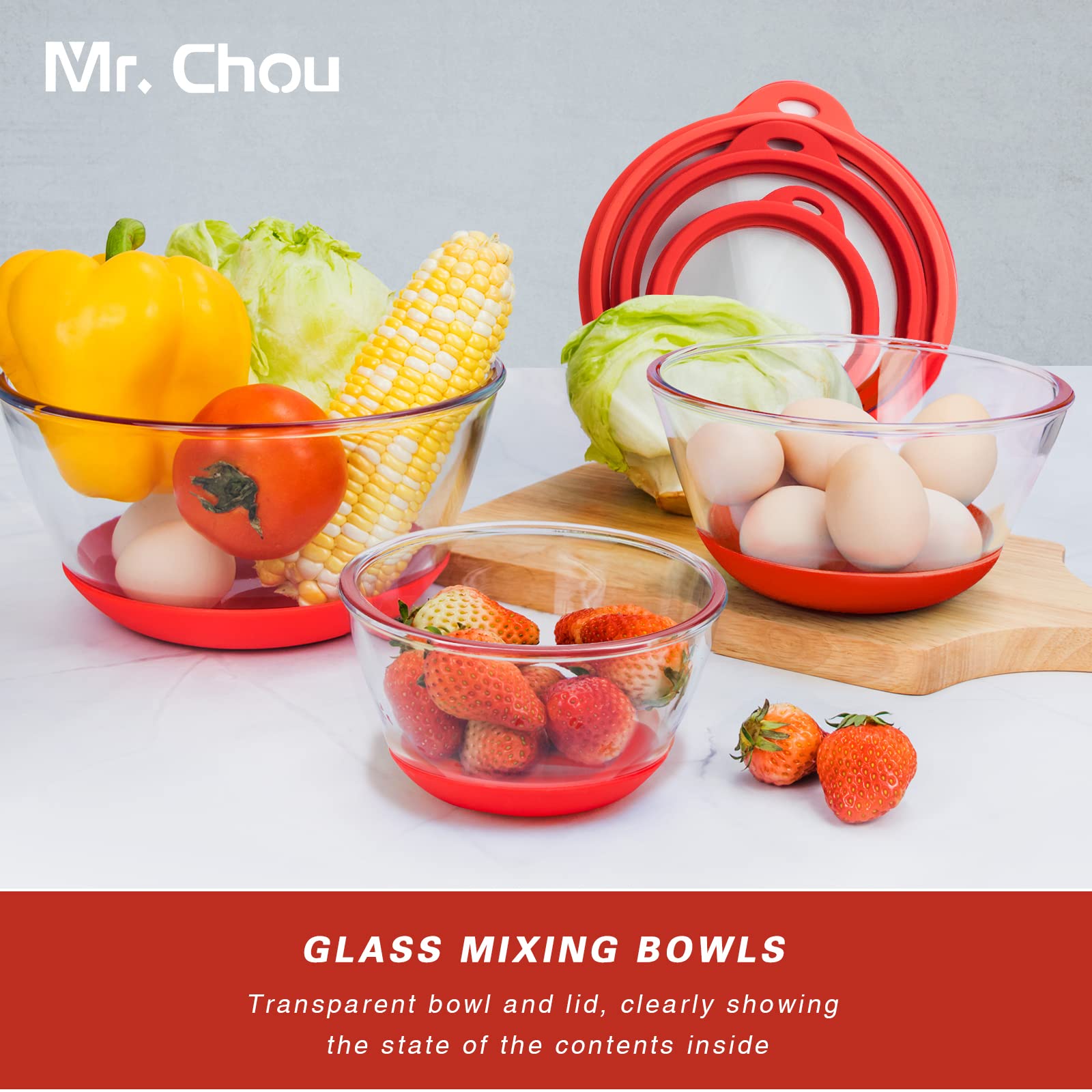 MR.CHOU Glass Mixing Bowl Set of 3 with BPA Free Airtight Lids, Nesting Bowls with Non-slip Silicone Bottom, Large Mixing Bowls for Food Storage, Dishwasher & Microwave Safe, 2.2, 1.1, 0.5 QT Red