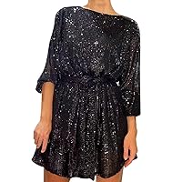 Women's Lace Up with Belt Summer Dresses 2024 Glitter Party Long Sleeve Winter Fall Solid Crew Neck Homecoming Spring