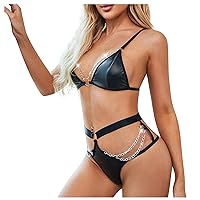 Women's Sexy Lingerie Fashion Black Leather Game Suit Two-Piece Set Outfit