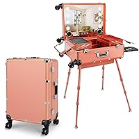 Aluminum Trolley Makeup Train Case with LED Light Professional Cosmetic 24'' Make up Cosmetic Organizer Studio with Speaker Stand Rolling Lighted Makeup Vanity Station 3 Color Light (Rose Gold)