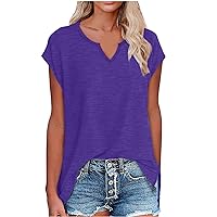 Women's Cap Sleeve Shirts Side Slit Hem Casual V Neck Tee Tops Summer Loose Fit Comfy Solid Color Tunic Blouses