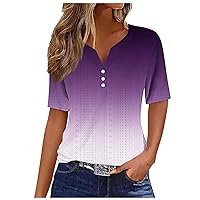 Women's T-Shirts Dressy Button Down Eyelet Tunic Y2K Tops Short Sleeve Gradient Color Blouses Henley V Neck Shirts