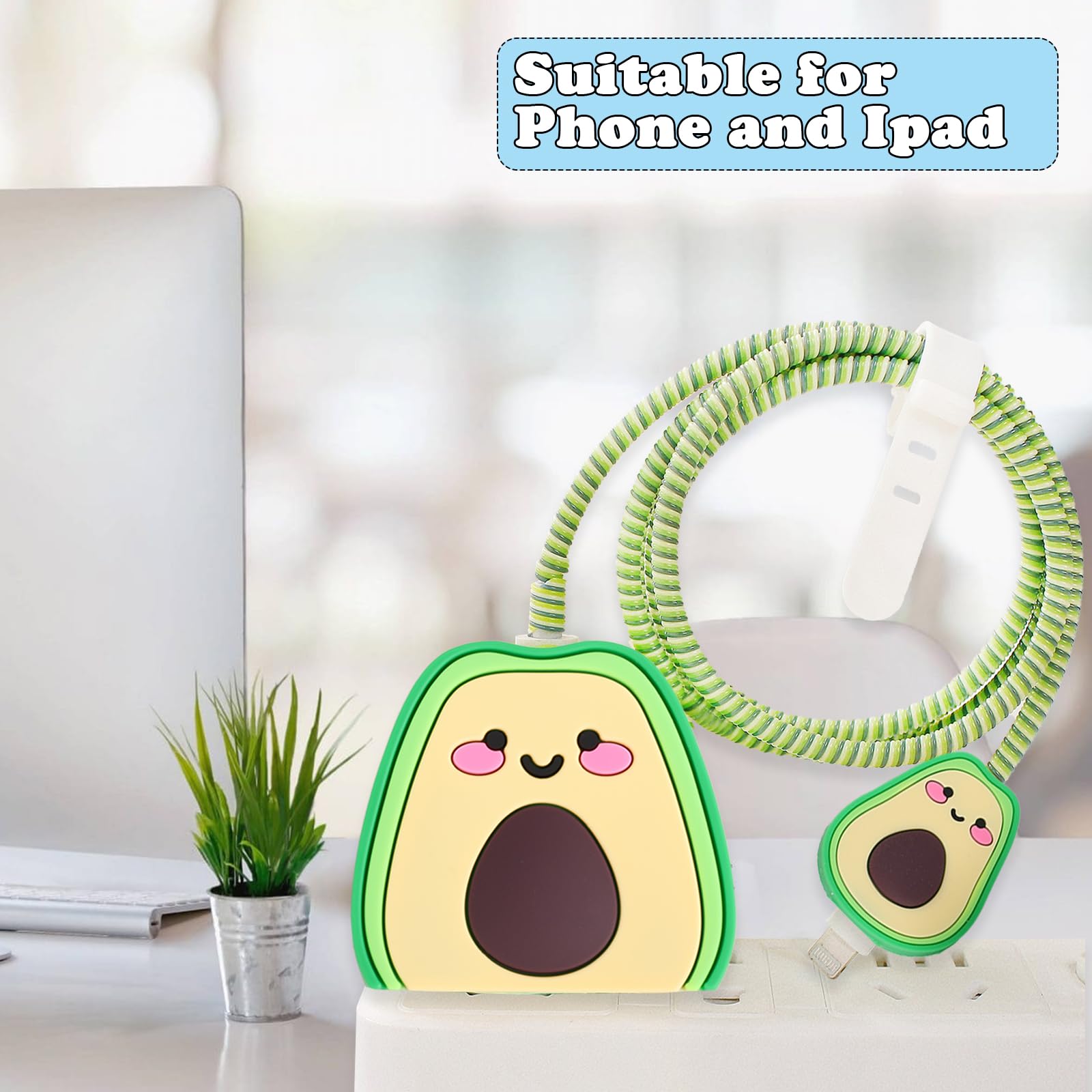 sawpu 3D Cartoon Charger Animal Protector Case - for Phone 20W USB-C PVC Power Adapter Charger and USB Lightning Cable (Avocado)