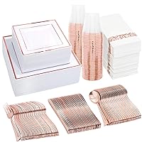 WDF 50 Guest Rose Gold Plates with Disposable Cutlery& Rose Gold Plastic Cups-Square Rose Gold Plates and Napkins Party Supplies-Plastic Dinnerwarefor Wedding& Parties, Mother's Day