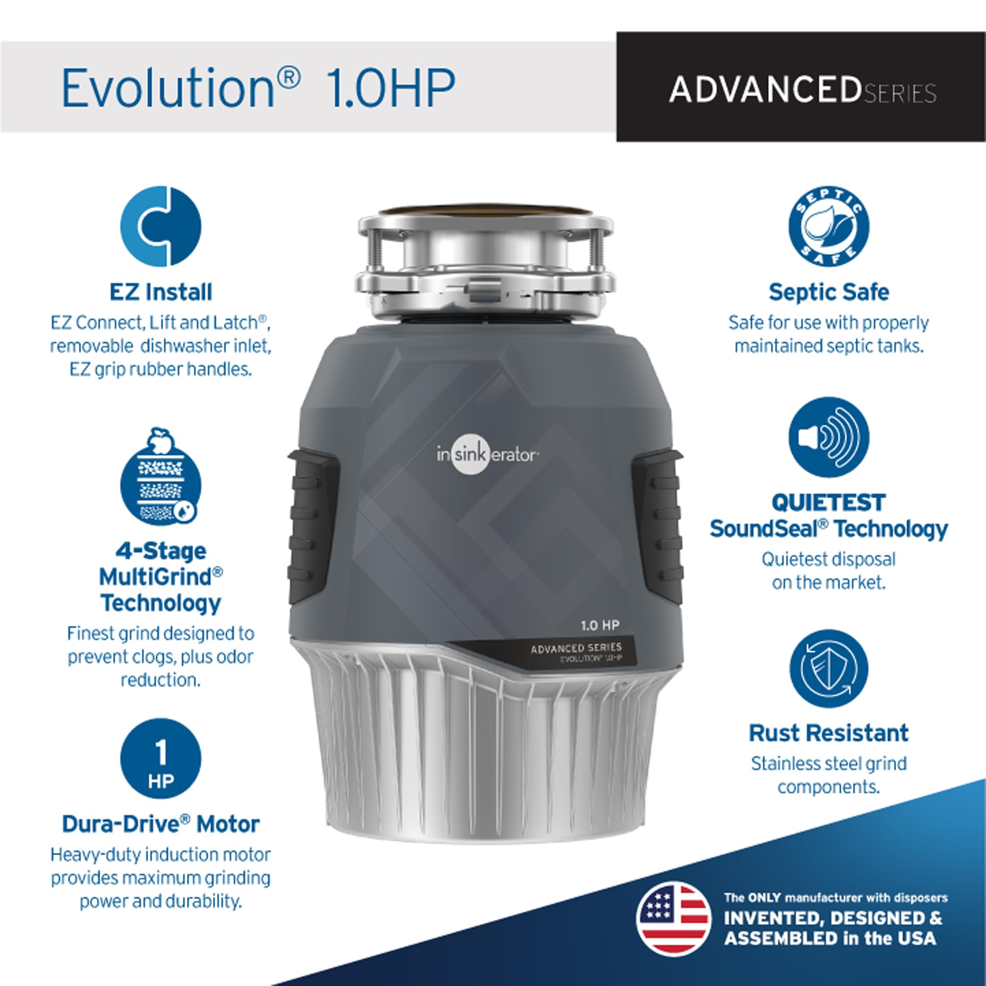 InSinkErator EVOLUTION 1HP 1 HP, Advanced Series Continuous Feed Food Waste Garbage Disposal, Gray
