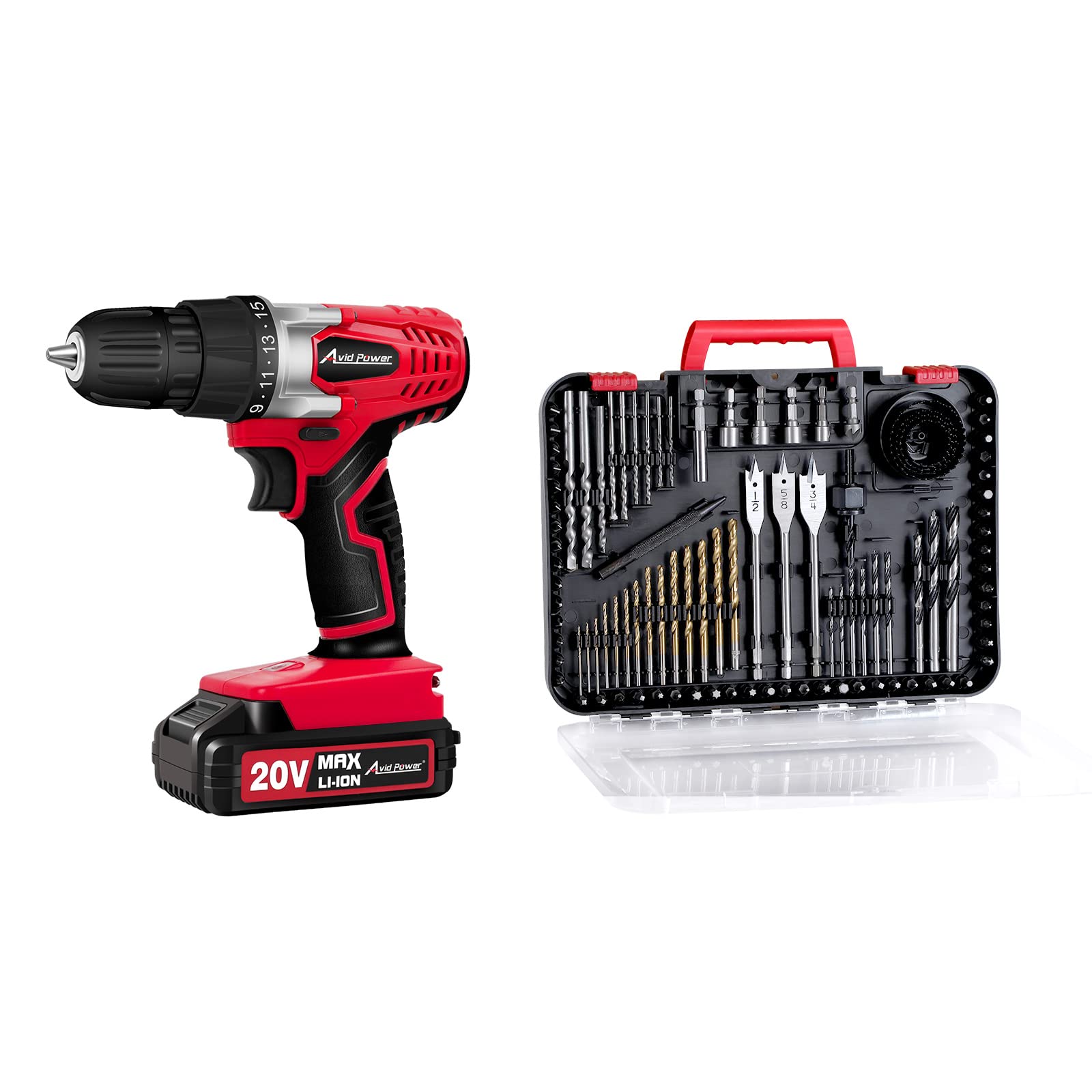 AVID POWER 20V Lithium Ion Cordless Drill Set Bundle with 100Pcs Drill Bit Set