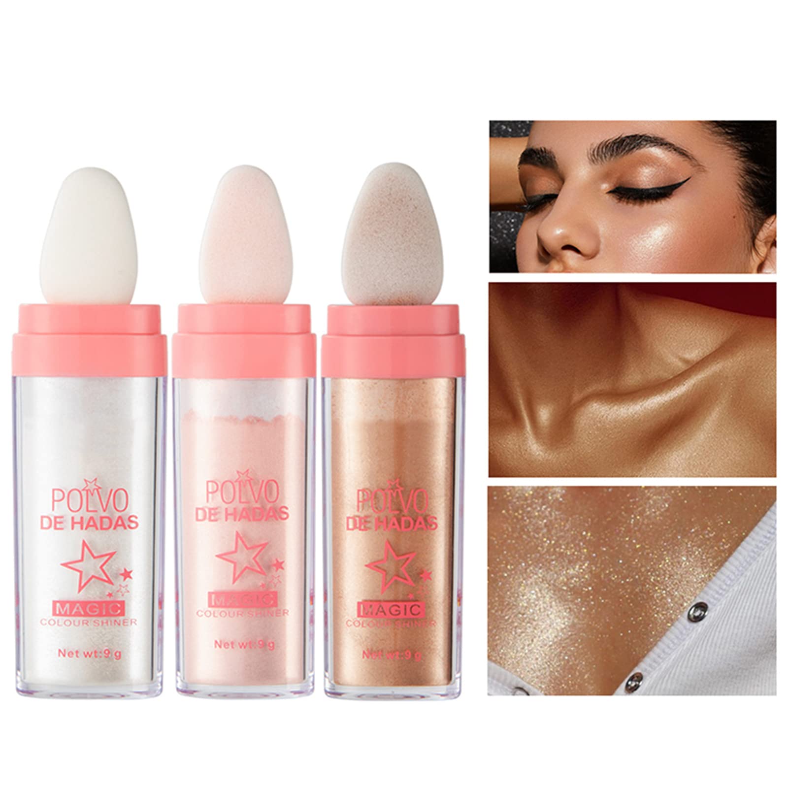 Polvo De Hadas 3 Packs, Shimmer Face and Body Highlighter Stick Puff, the Natural Three-Dimensional Makeup Face Blusher Patting Fairy Powder for Eyes, Face, Body, Lips Polvo De Hadas Glitter