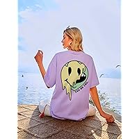Women's Shirts Women's Tops Shirts for Women Slogan & Expression Print Drop Shoulder Tee (Color : Lilac Purple, Size : Medium)
