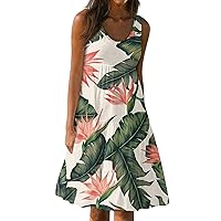 Spring Dresses for Women,Women's Summer Floral Print Round Neck Sleeveless Boho Dress Beach Flowing Dress