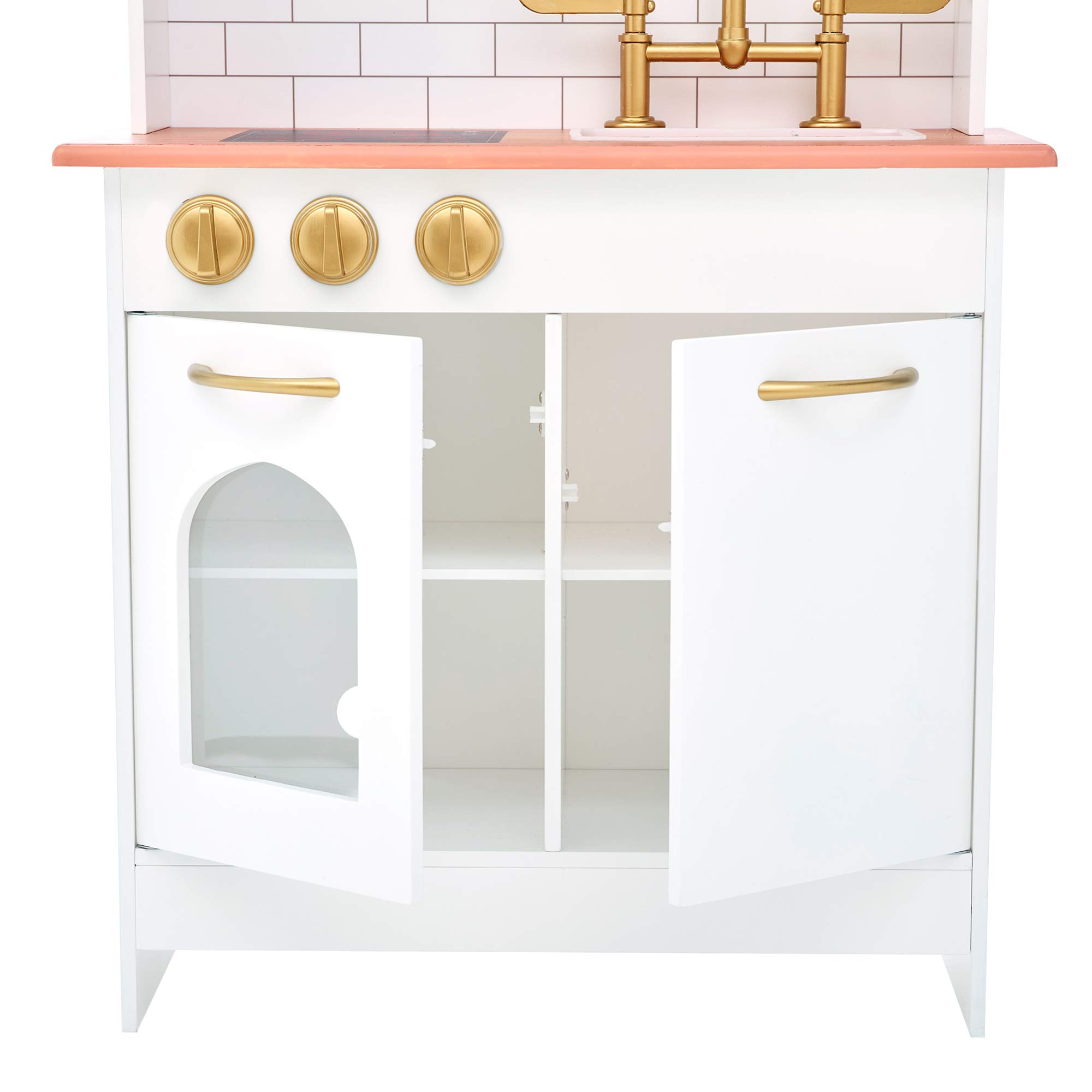 Teamson Kids Little Chef Boston Kids Play Kitchen Set with Play Phone & Cookware, Small Play Kitchen with Subway Tile Backsplash, White/Gold