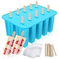 10-Cavity Reusable Silicone Popsicle Molds, Easy Release Popsicle Maker Molds, Ice Pop Molds with 50 Sticks & 50 Bags